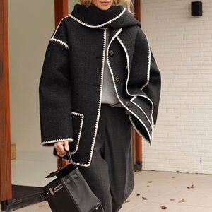 Contrast Stitch Wool Jacket with Removable Scarf